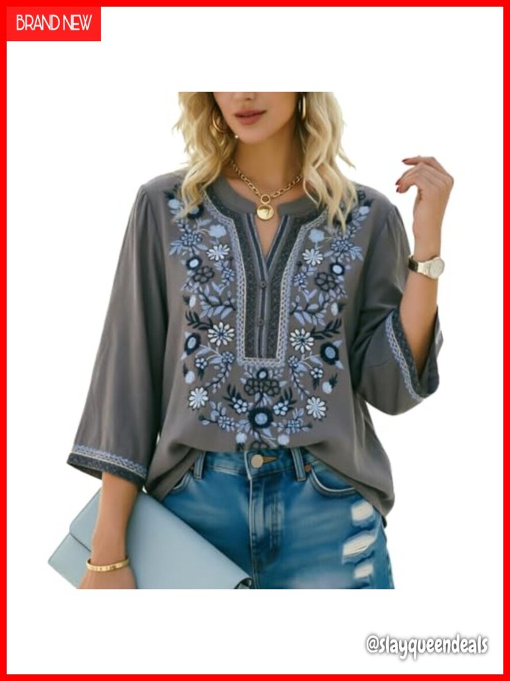 Womens Embroidered Mexican Peasant Tunic Top 3/4 Sleeve Floral Boho Blouse